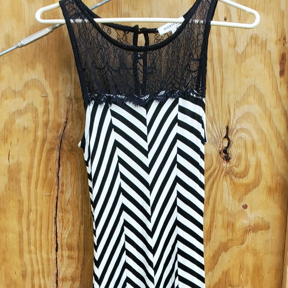 Black and White Geometric Stripe Sleeveless Maxi Dress with Black Lace Top